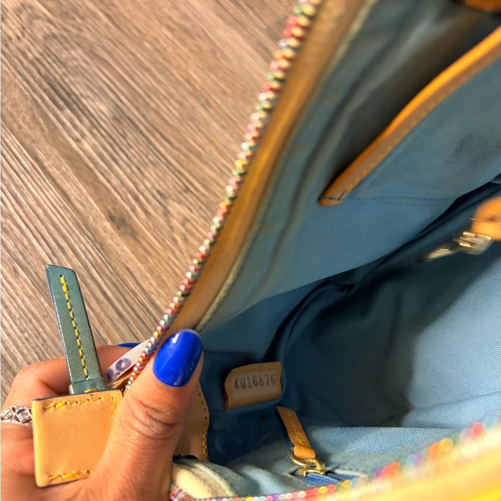 Dooney & Bourke Vintage Yellow Multicolor DB Logo Handbag with Teal Trim - Picture 8 of 16